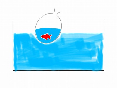 大きめの水槽に、魚の入った袋を浮かべたイラスト