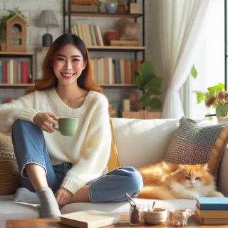 座って笑顔で紅茶を飲む女性