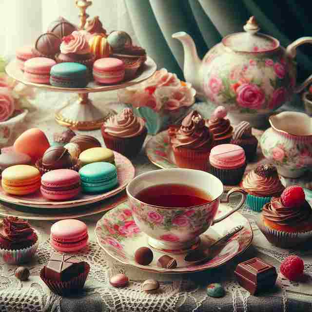 テーブルの上に紅茶とたくさんのスイーツが置いてある画像