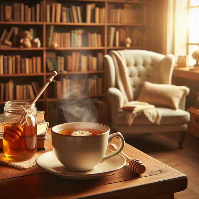 部屋のテーブルと紅茶。ハチミツも置かれている。